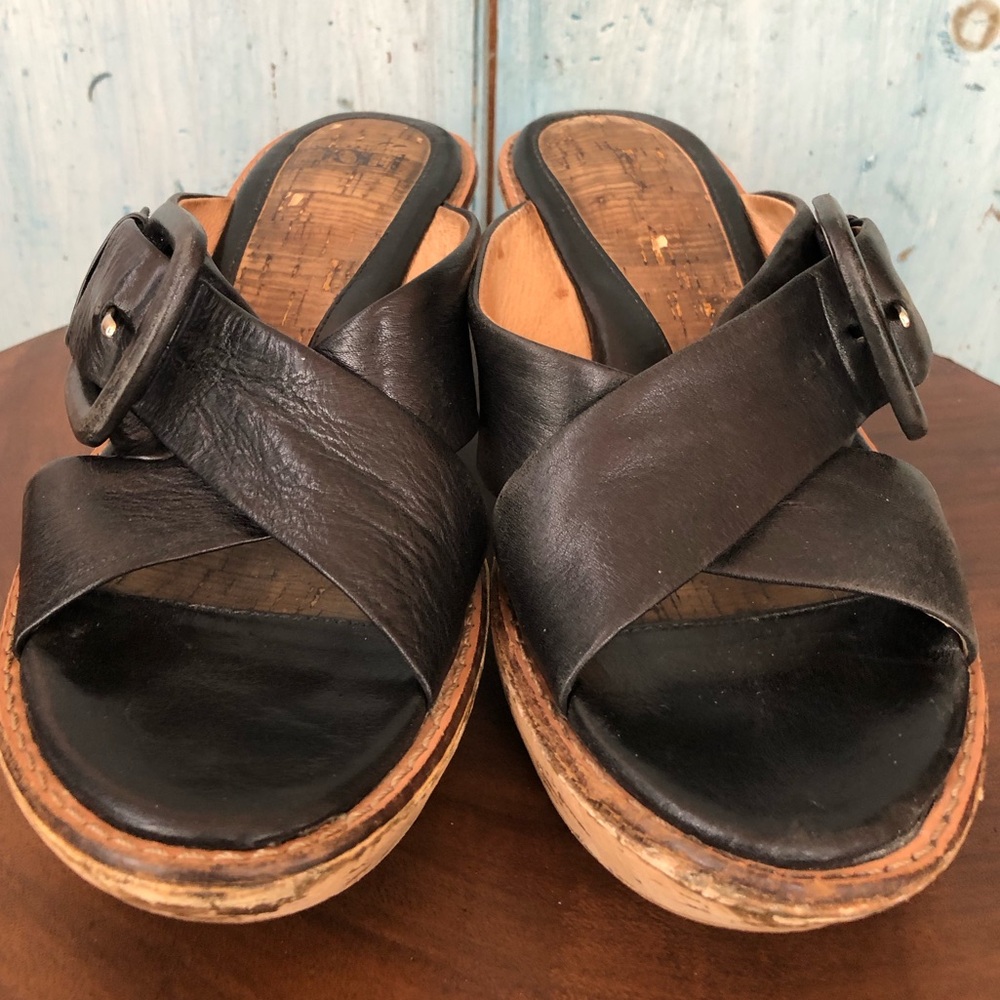 Sofft black leather wedge slides with buckle & cork-covered heel with gold - Picture 2 of 13